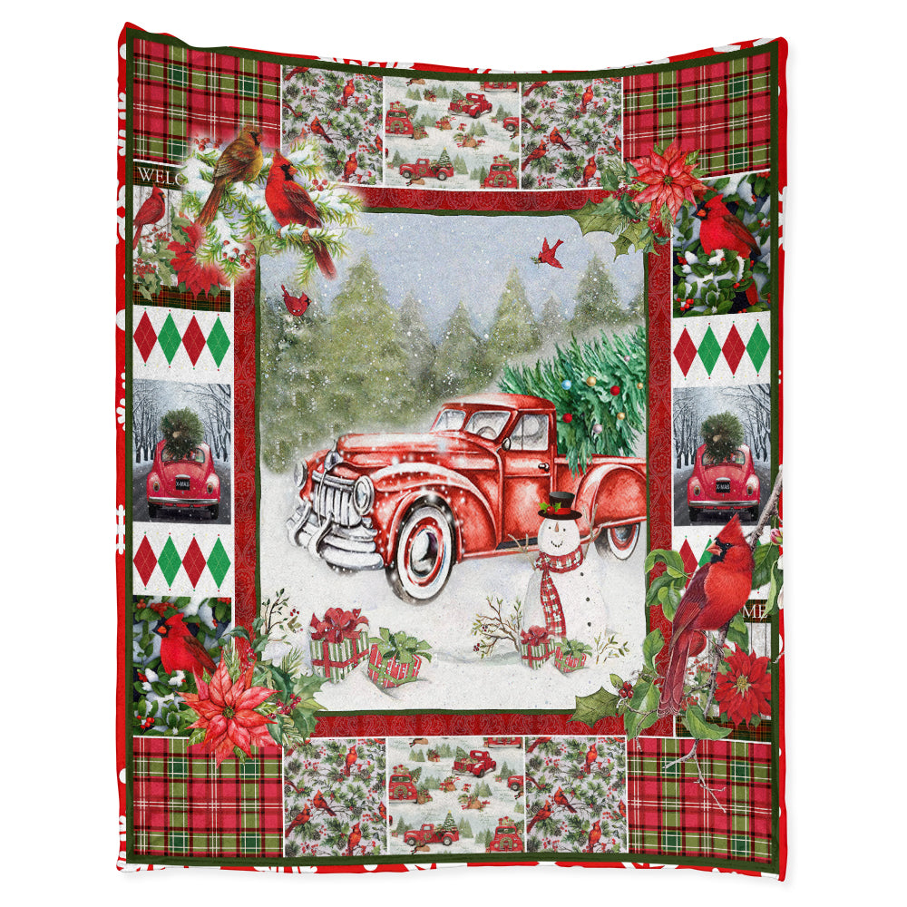 Cardinal Red Truck Christmas Flannel Blanket For Cozy Bedroom Sofa Decor