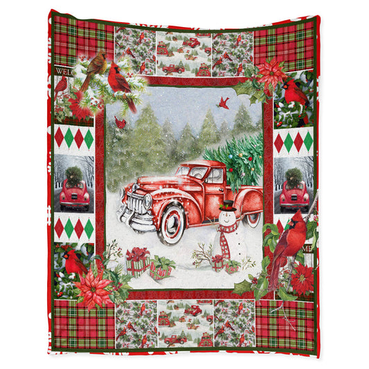 Cardinal Red Truck Christmas Flannel Blanket For Cozy Bedroom Sofa Decor