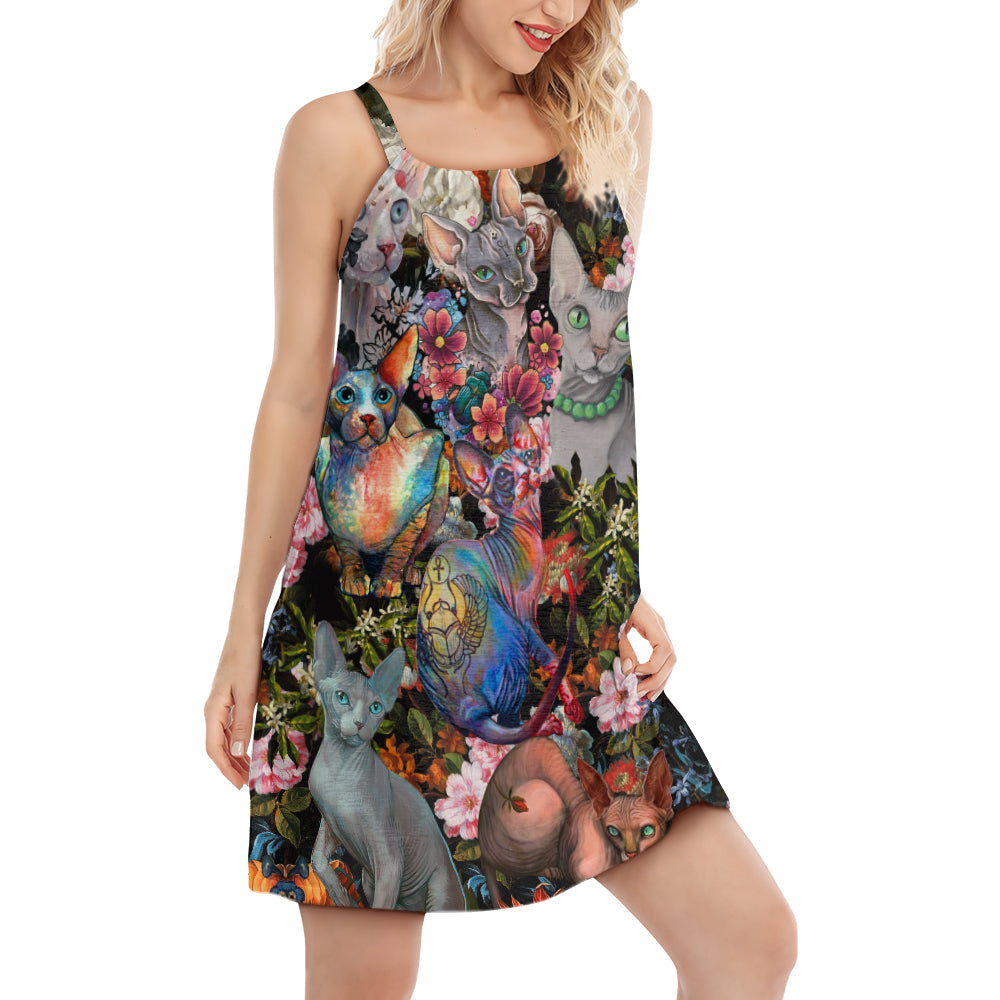 Cat Sphynx Love V-Neck Sleeveless Cami Dress For Outdoor Events And Thoughtful Gifting