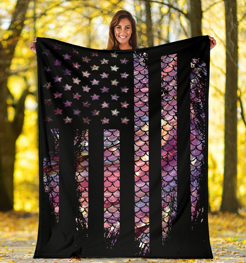 Mermaid Scales American Flag Flannel Blanket For Cozy Bedroom Sofa Decor