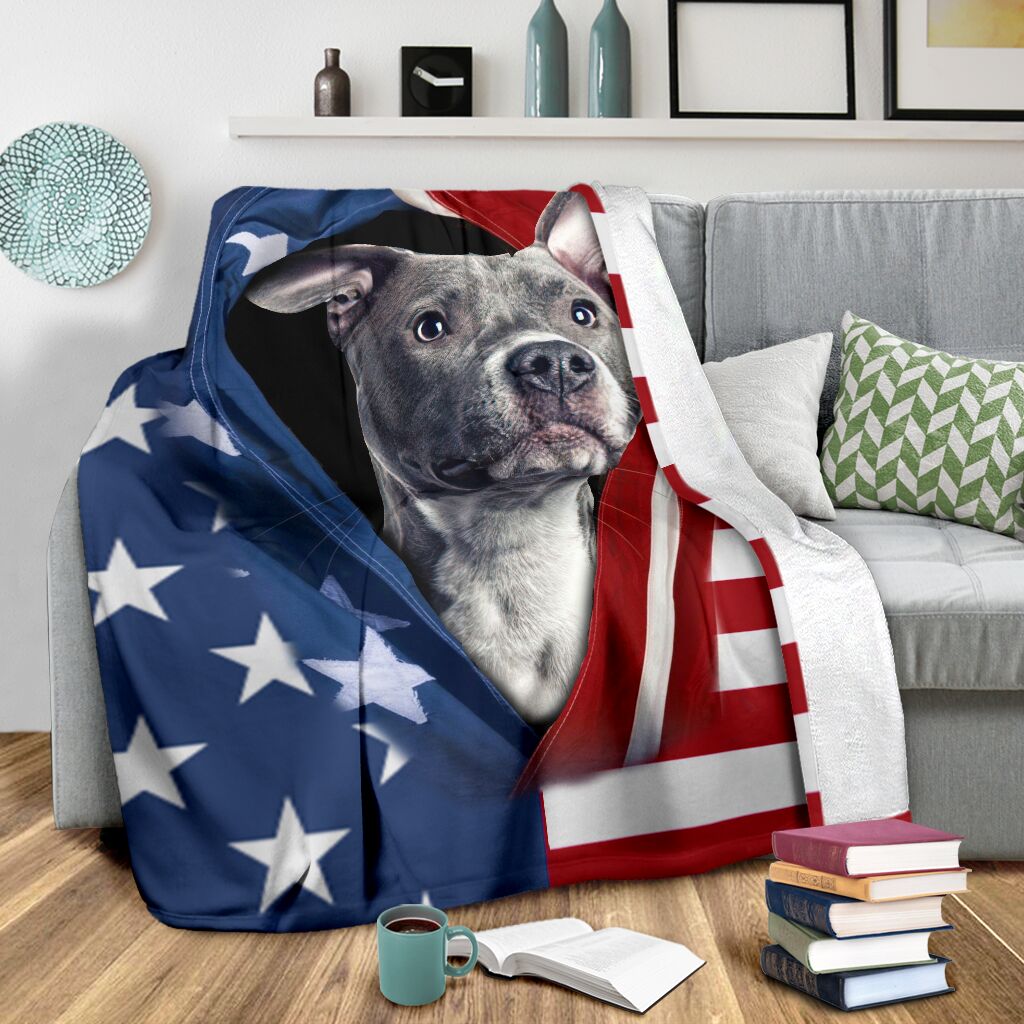 Pitbull Opened American Flag Flannel Blanket For Cozy Bedroom Sofa Decor