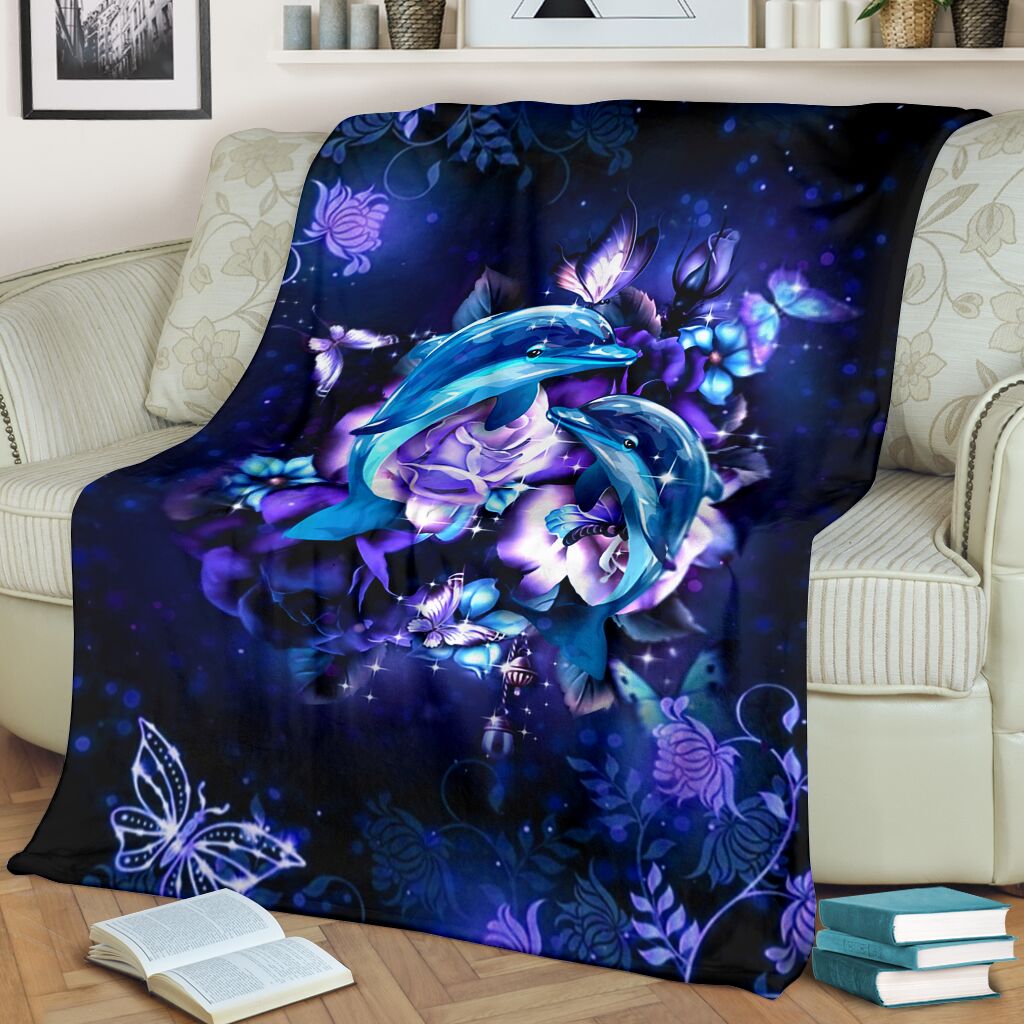 Dolphin And Blue Flowers Flannel Blanket For Cozy Bedroom Sofa Decor