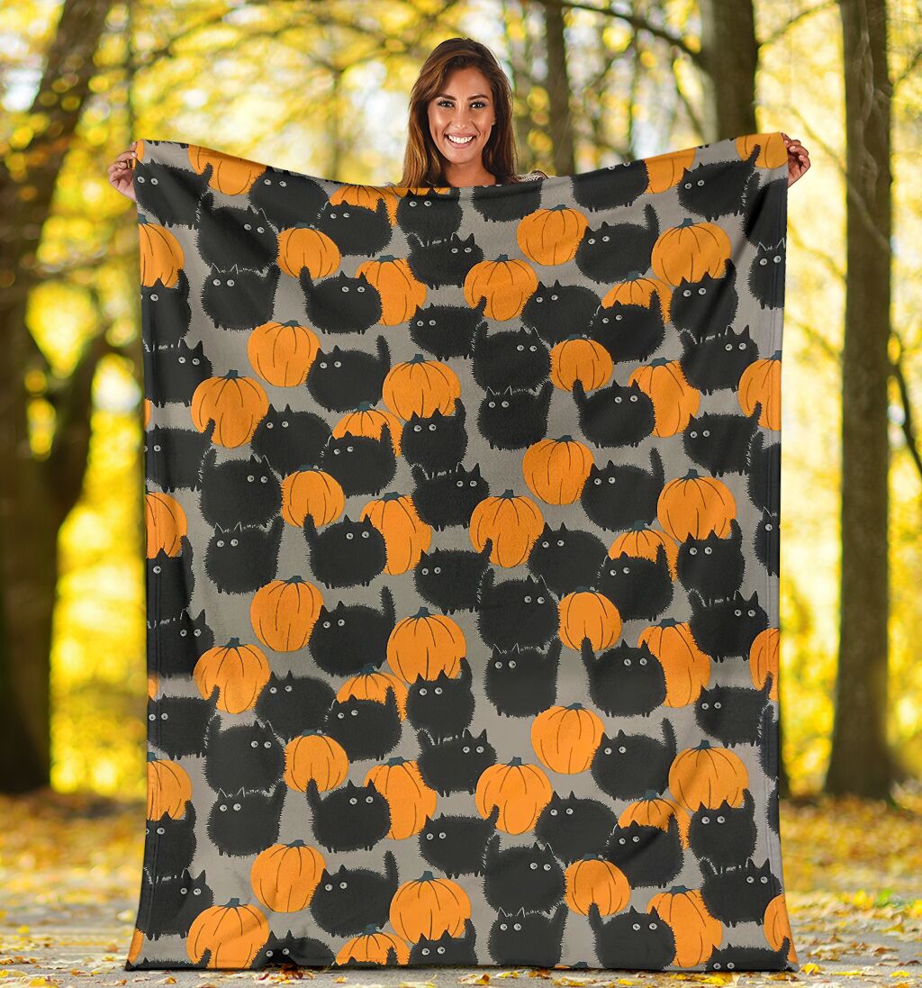 Halloween Pumpkin Black Cat Flannel Blanket For Cozy Bedroom Sofa Decor