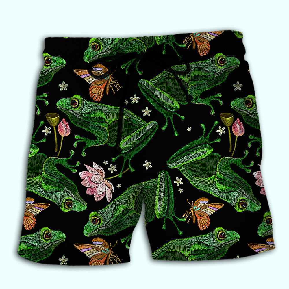 Pink Frog Floral Artistic Beach Shorts Design Detail For Weekend Getaways And Beach Days