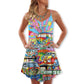 Hippie Van Colorful Peace Art V-Neck Sleeveless Cami Dress For Festivals Vacations And Relaxed Artistic Styling