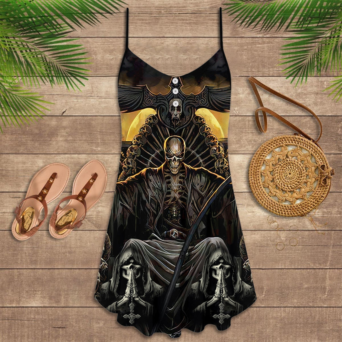 Skull Grim Reaper Dark V-Neck Sleeveless Cami Dress For Alternative Festivals And Bold Summer Style
