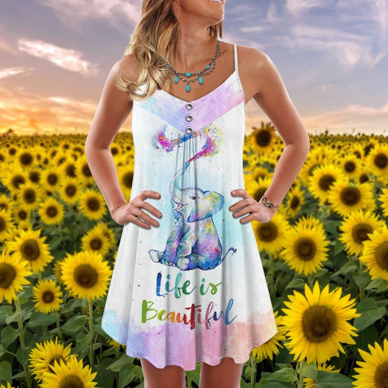 Elephant Loves Life Is Beautiful V-Neck Sleeveless Cami Dress For Beach Trips And Charming Warm Weather Outfits