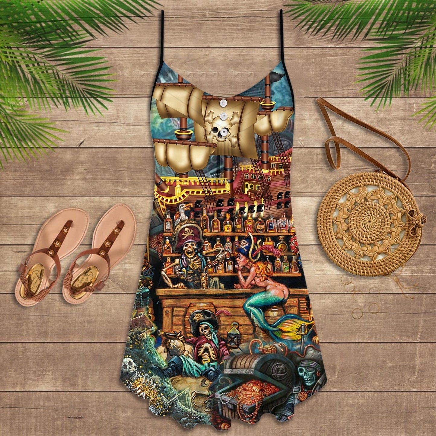 Skull Pirate Hunting Treasure V-Neck Sleeveless Cami Dress For Gothic Events And Relaxed Casual Wear