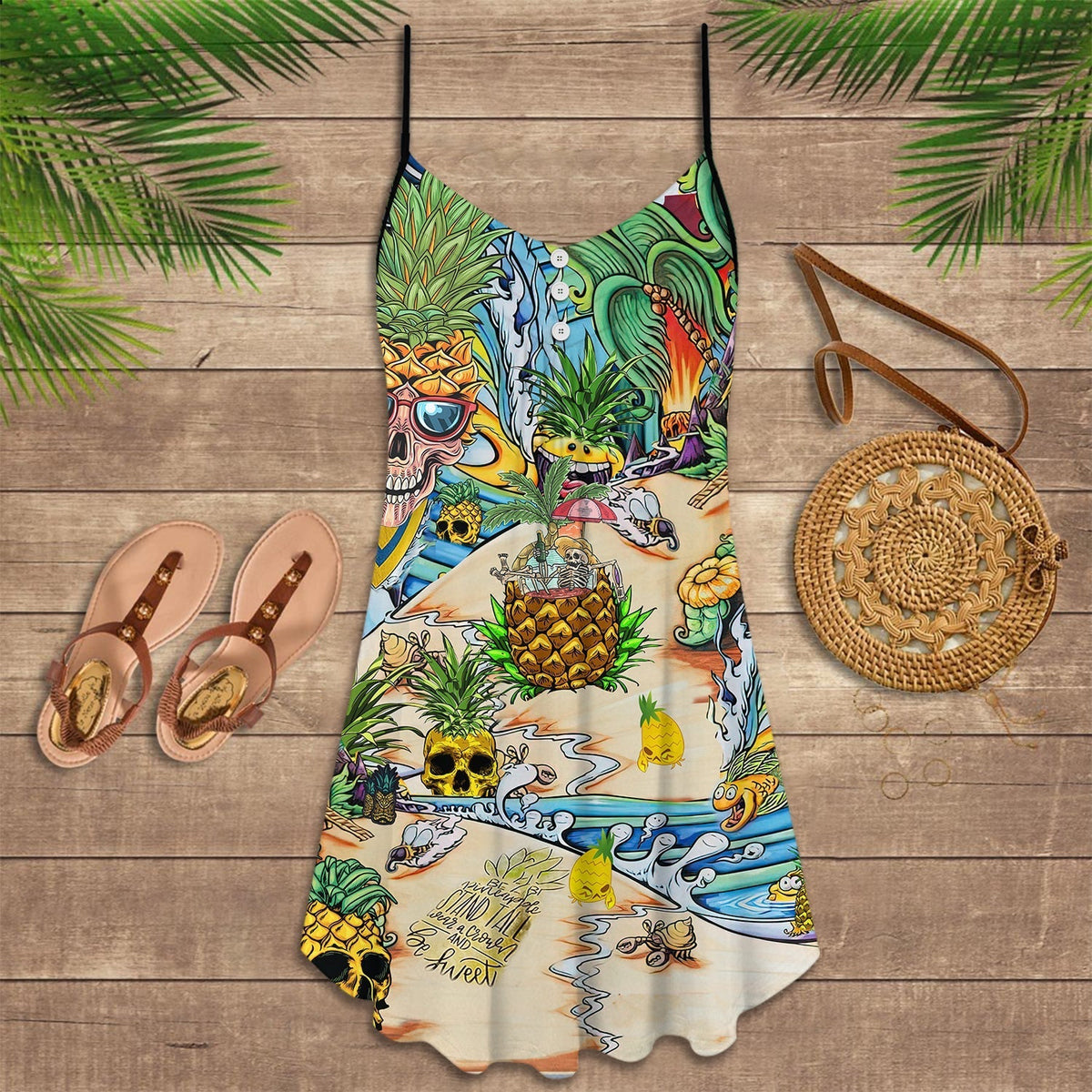 Skull Pineapple Fruit V-Neck Sleeveless Cami Dress For Travel And Expressive Warm Weather Fashion