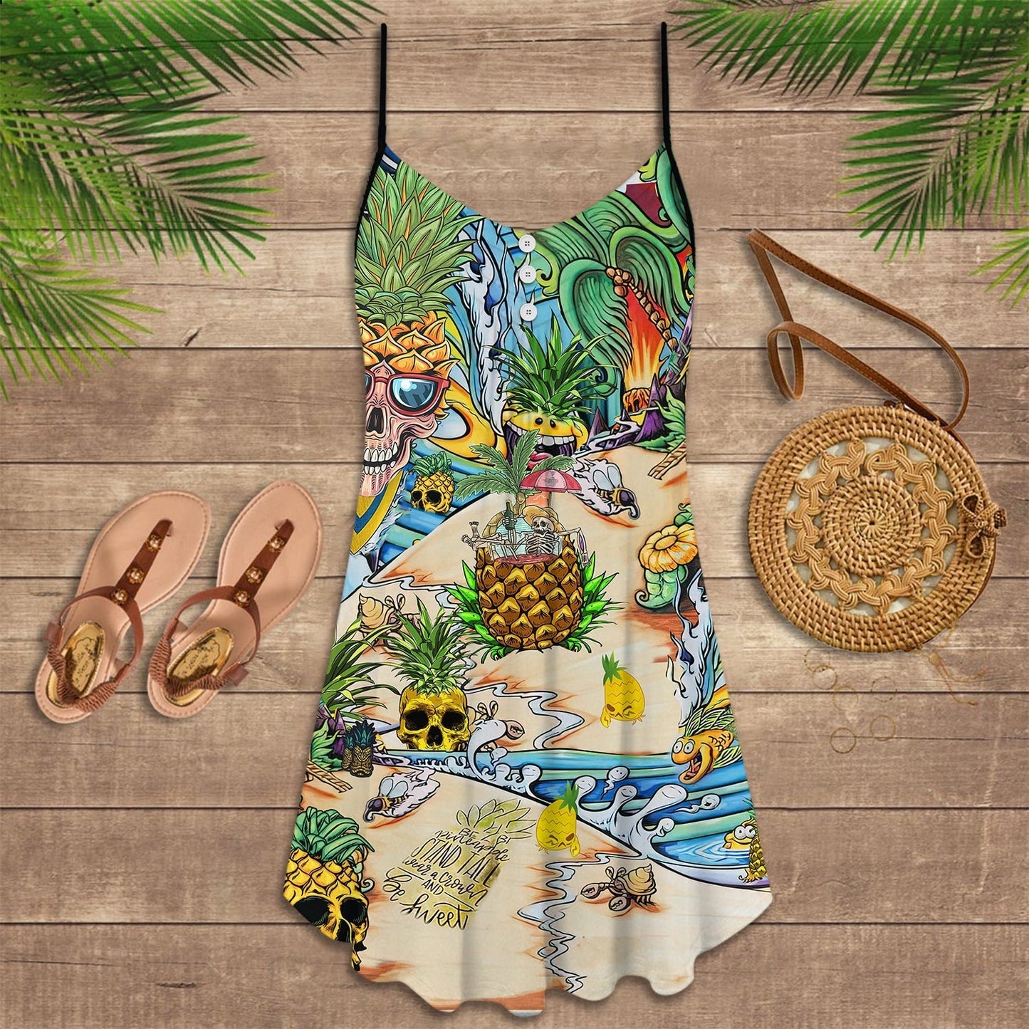 Skull Pineapple Fruit V-Neck Sleeveless Cami Dress For Travel And Expressive Warm Weather Fashion