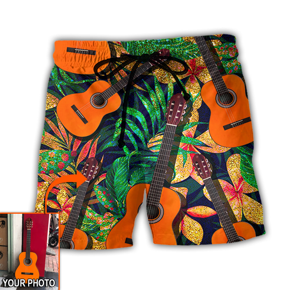 Guitar Various Style Tropical Floral Personalized Photo Beach Shorts For Beach Trips And Relaxed Vacation Styling