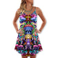 Hippie Mushroom Skull Art V-Neck Sleeveless Cami Dress For Creative Festivals And Dramatic Warm Weather Fashion