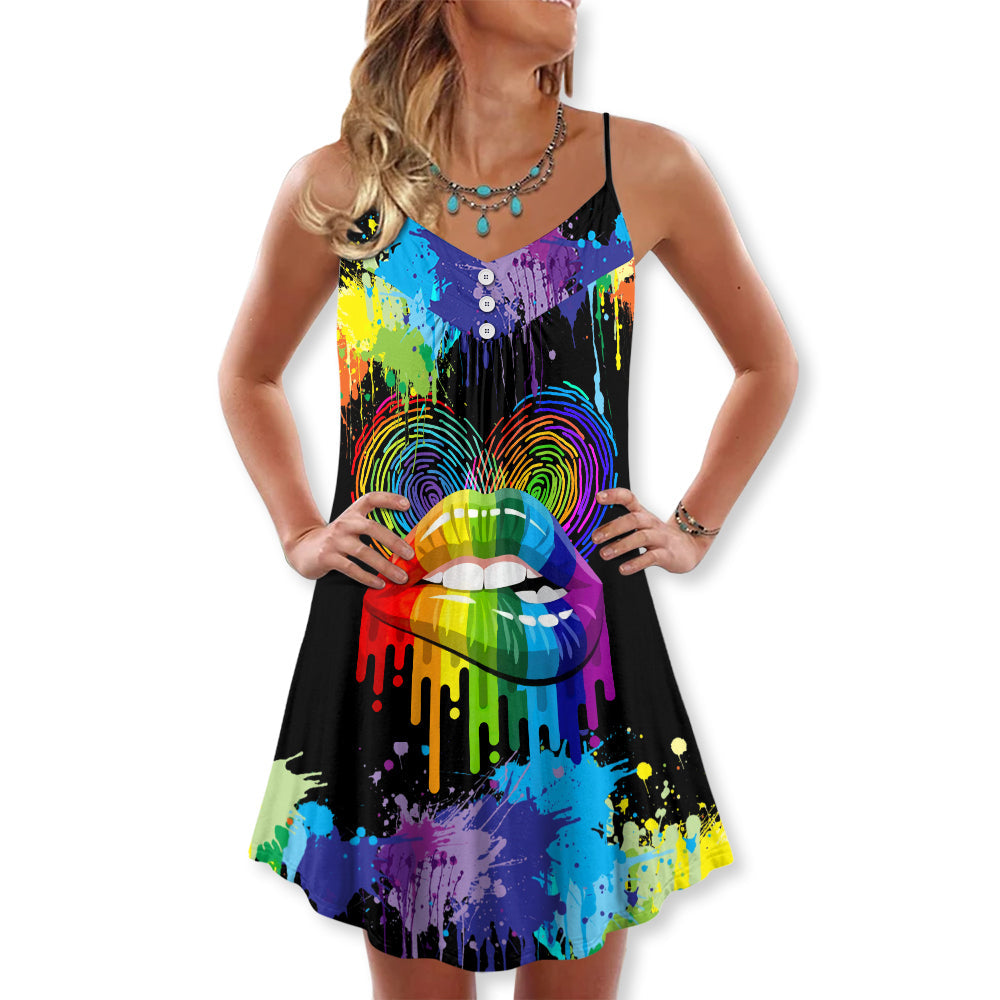 Pride Lips Color Of Happiness V-Neck Sleeveless Cami Dress For Festivals Travel And Relaxed Casual Summer Wear