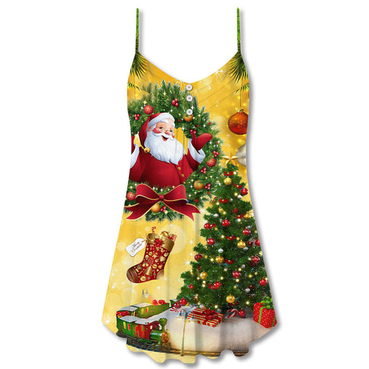 Christmas Yellow Tree Santa Theme – Women's Summer Sleeveless V-Neck Camisole Dress