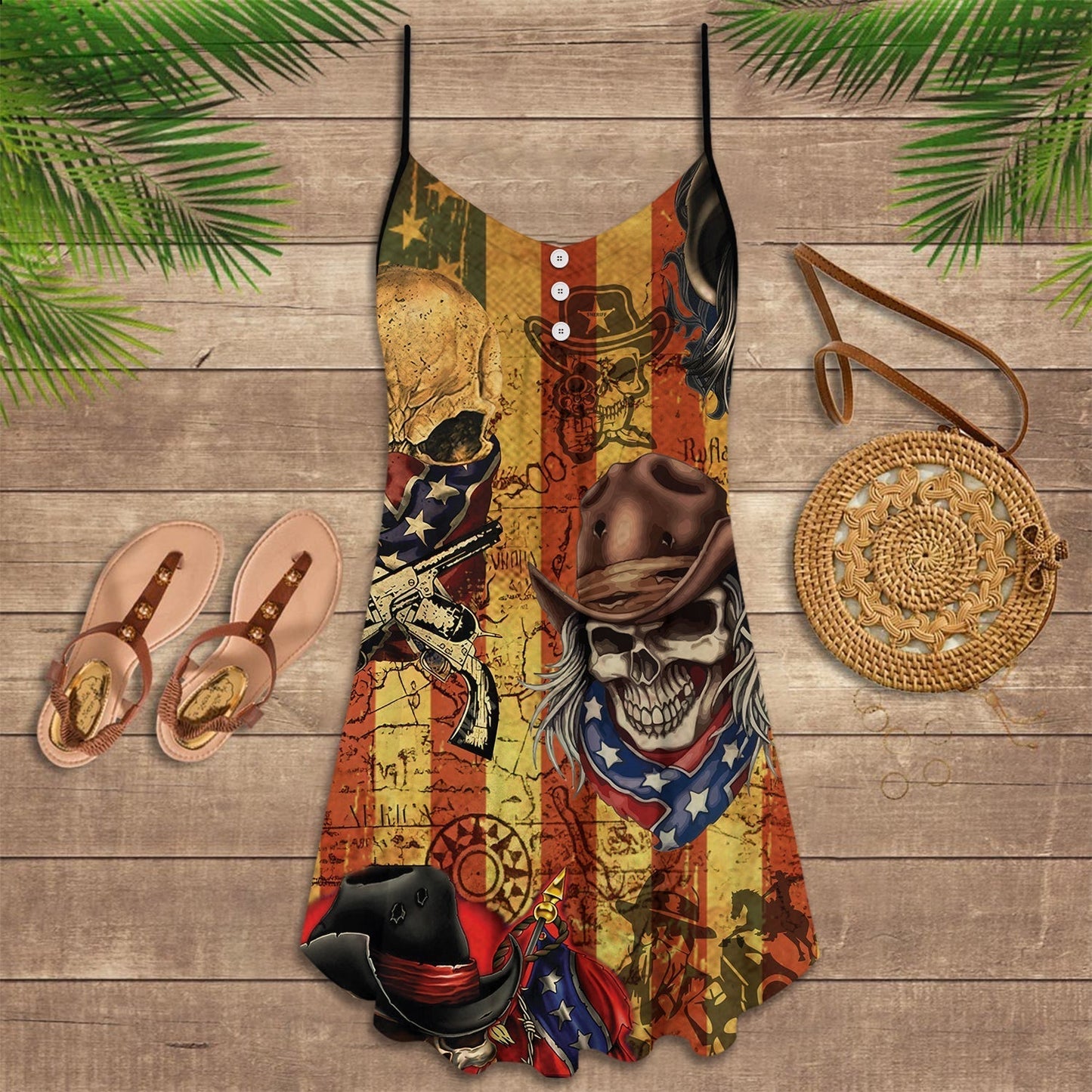Cowboy Skull Cowboy America V-Neck Sleeveless Cami Dress For Gothic Events And Relaxed Casual Wear