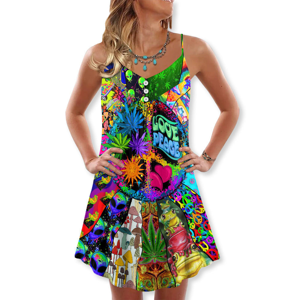 Hippie Alien Frogs Peace Love V-Neck Sleeveless Cami Dress For Festivals Vacations And Relaxed Artistic Styling