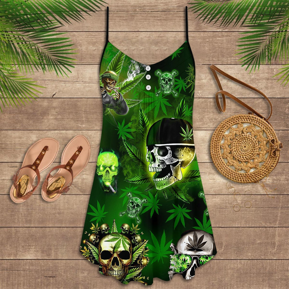 Skull Lets Get High V-Neck Sleeveless Cami Dress For Weekend Parties And Distinctive Outfits