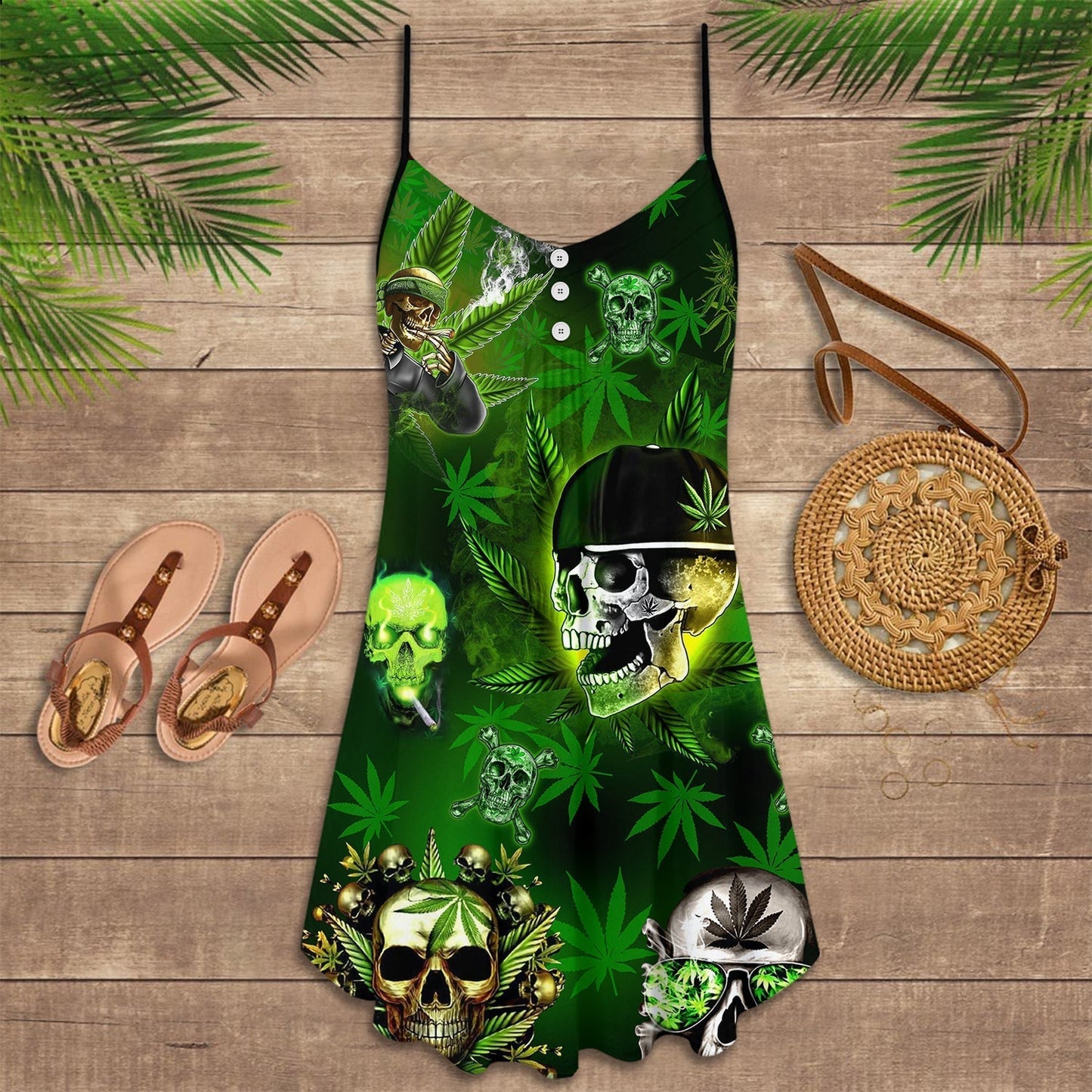 Skull Lets Get High V-Neck Sleeveless Cami Dress For Weekend Parties And Distinctive Outfits