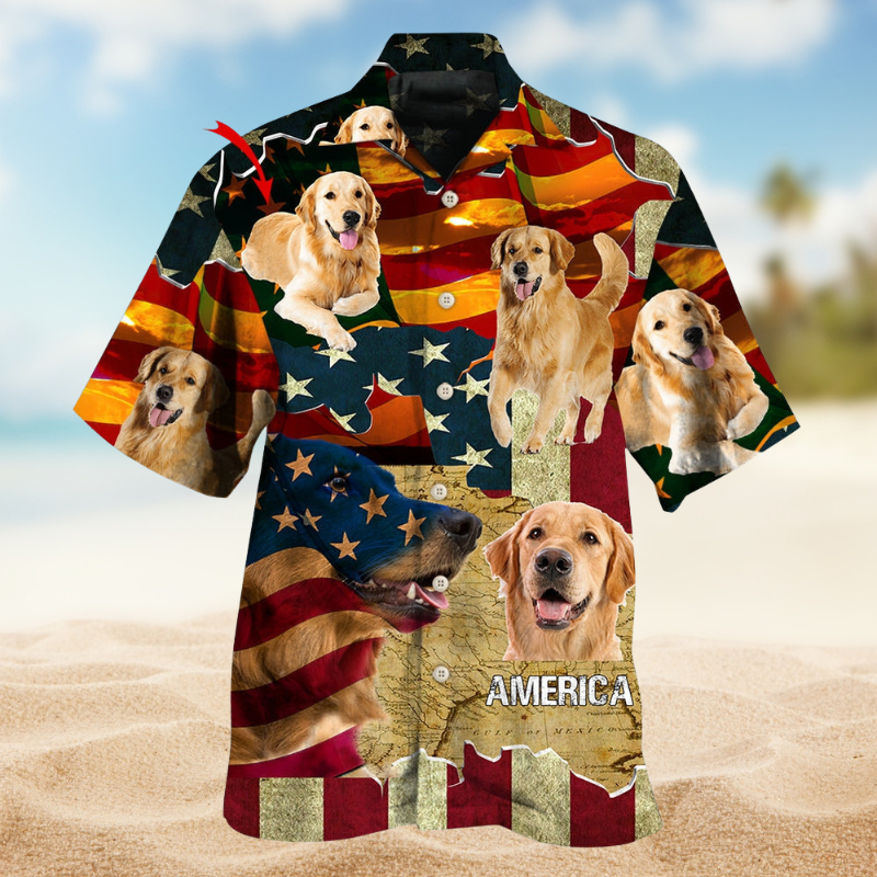 American Golden Retriever Sunset Photo Hawaiian Shirt For Island Vacations, Resort Wear, And Relaxed Seasonal Style