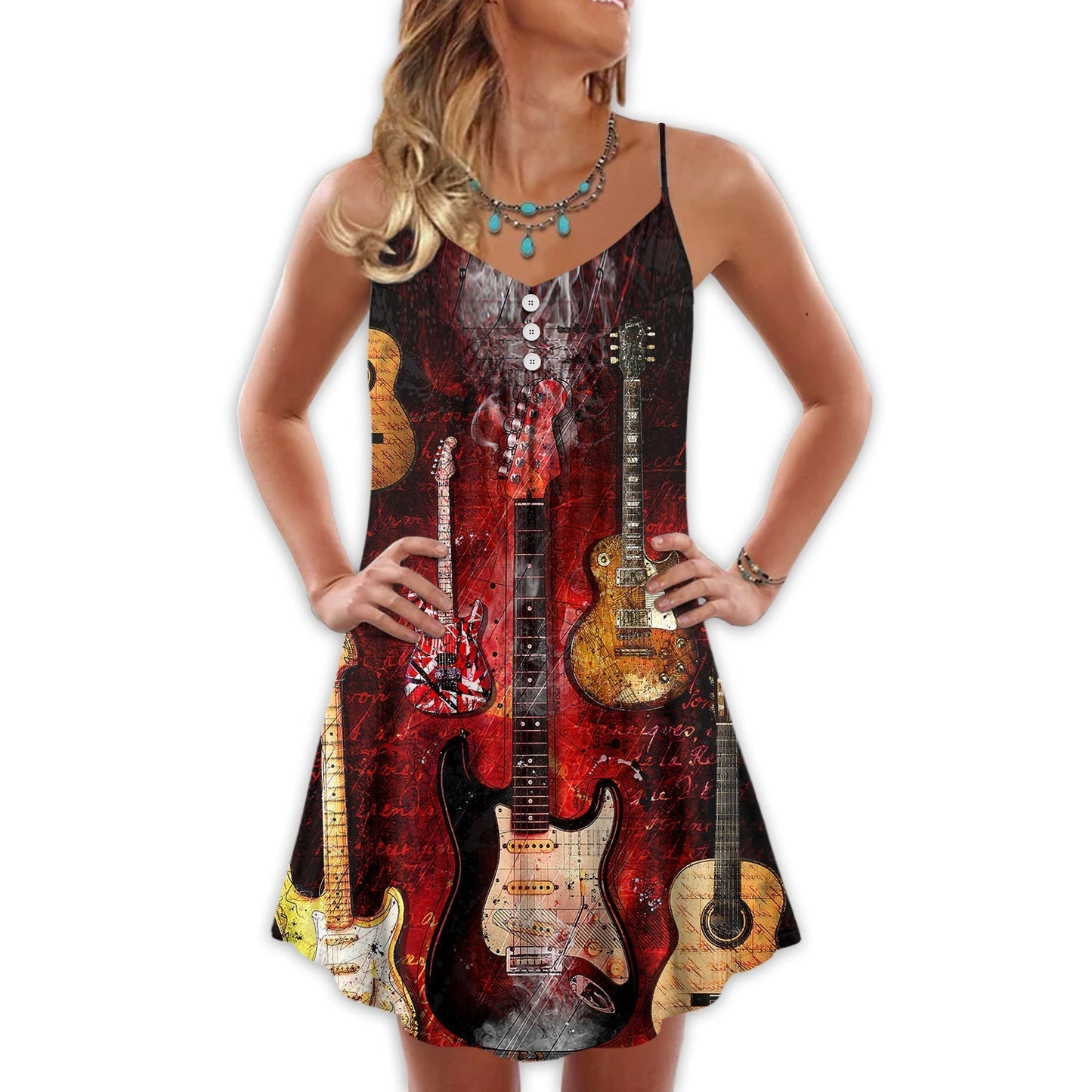 Halloween Abstract Guitar Art V-Neck Sleeveless Cami Dress For Spooky Season Events And Relaxed Casual Styling