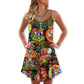 Hippie Mushroom Trippy Colorful Lover V-Neck Sleeveless Cami Dress For Vacations And Casual Warm Weather Wear