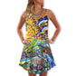 Hippie Turtle Colorful Peace V-Neck Sleeveless Cami Dress For Beach Trips Parties And Relaxed Warm Weather Style
