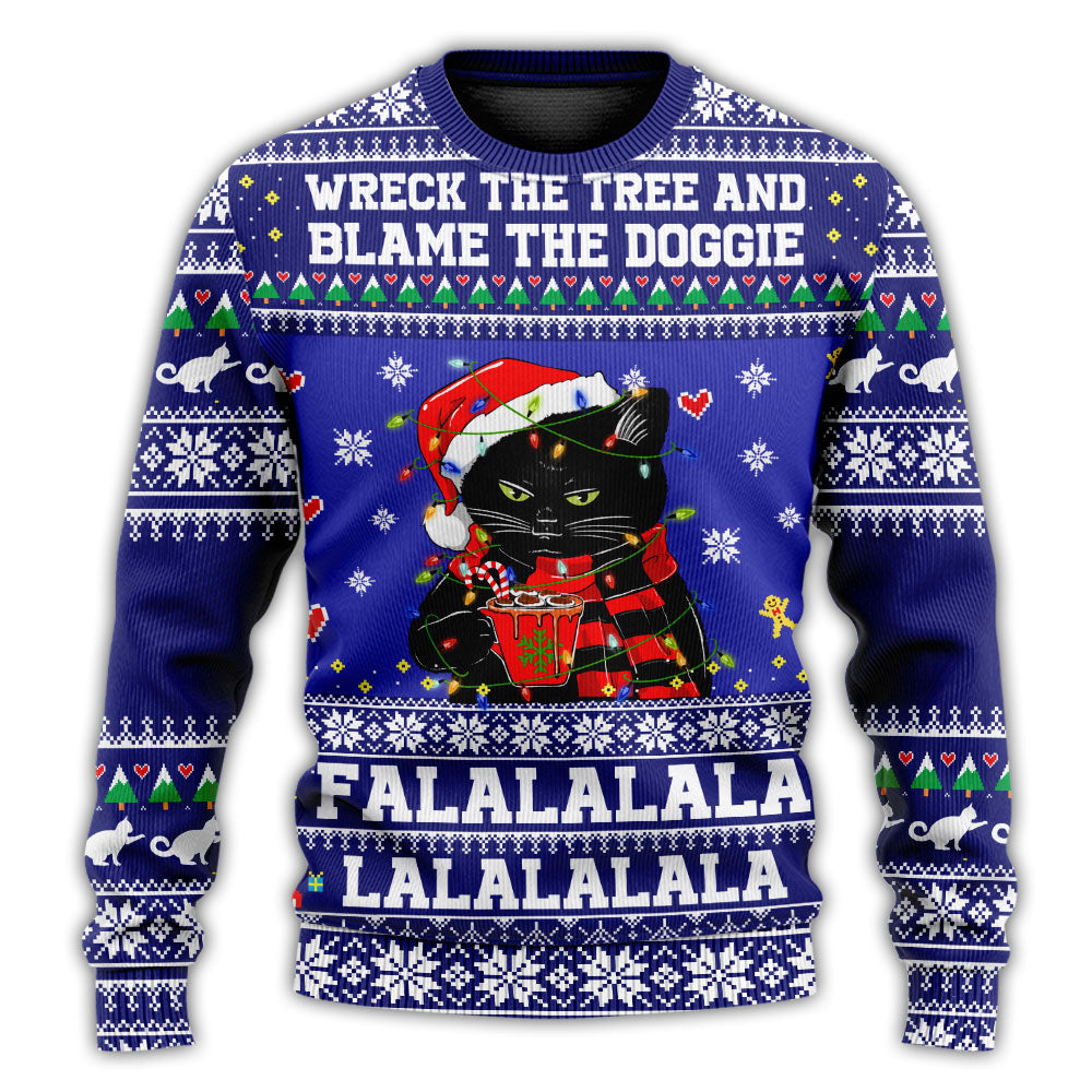 Black Cat Wrecks Tree Funny Holiday Sweater For Holiday Parties Family Gatherings And Seasonal Gift Giving