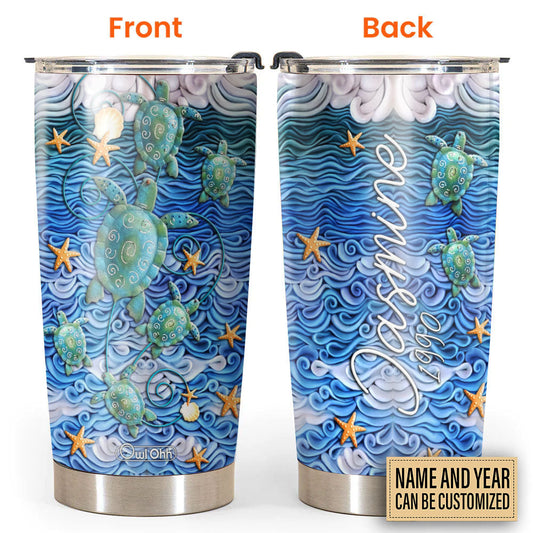 Turtle And Sand Beach Clay Art Personalized 20 Oz Tumbler For Coffee Travel And Daily Drinks