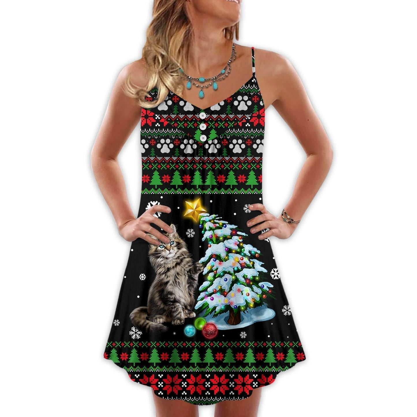 Christmas Cute Cat Wrecking Tree Funny V-Neck Sleeveless Cami Dress For Vacations And Casual Warm Weather Wear