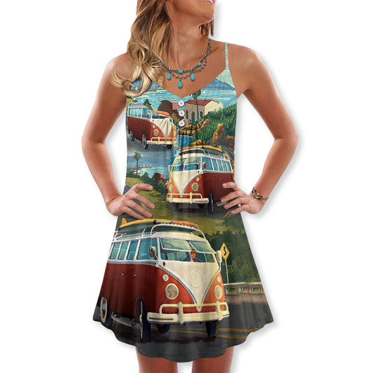Hippie Van Beach Life – Women's Summer Sleeveless V-Neck Camisole Dress