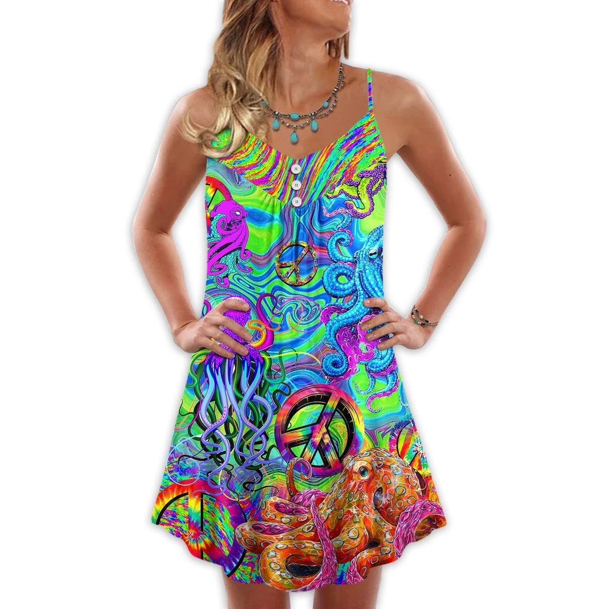Hippie Funny Octopus Colorful Tie Dye V-Neck Sleeveless Cami Dress For Vacations And Casual Warm Weather Wear