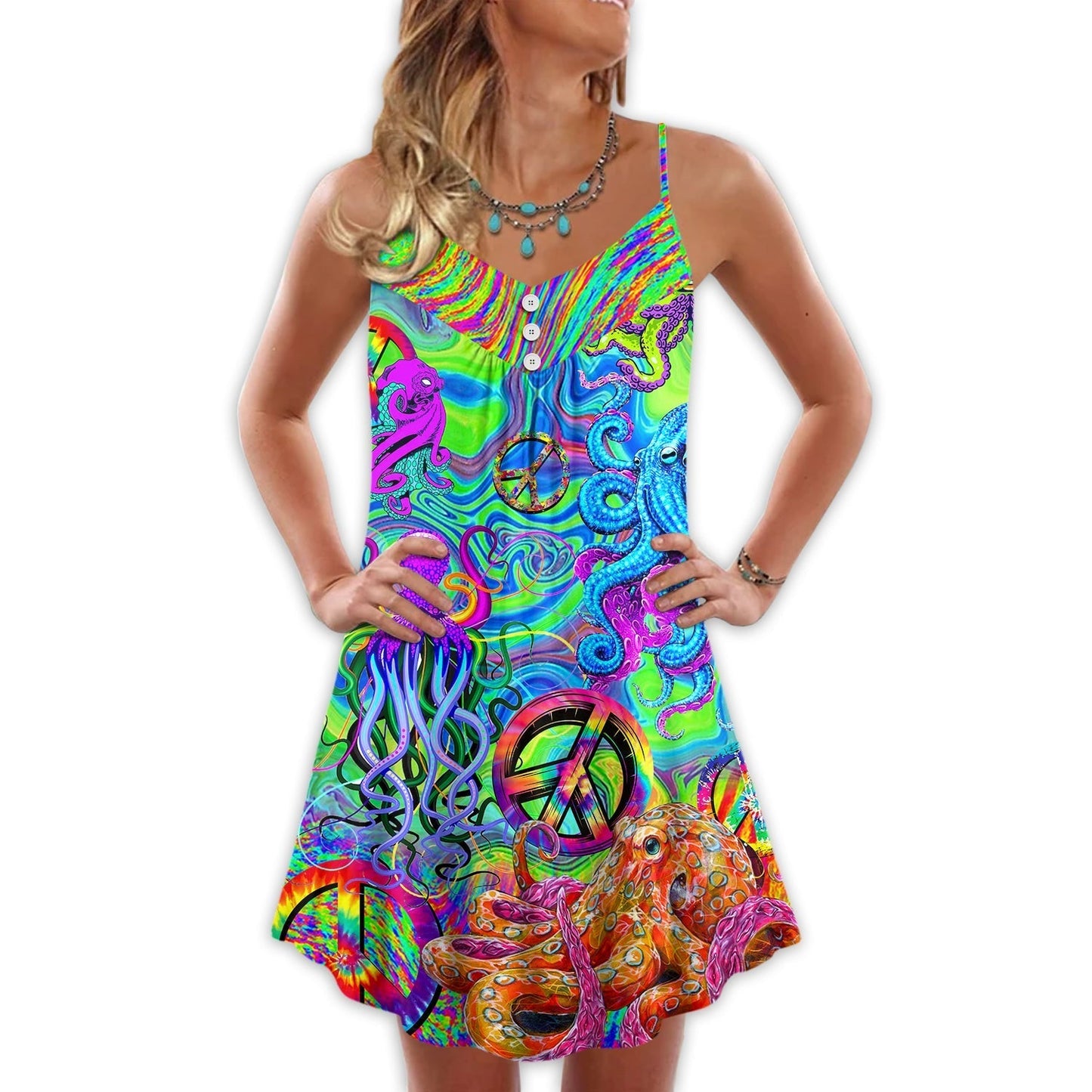 Hippie Funny Octopus Colorful Tie Dye V-Neck Sleeveless Cami Dress For Vacations And Casual Warm Weather Wear