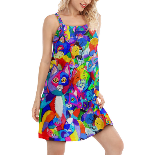 Cat Colorful Rainbow V-Neck Sleeveless Cami Dress For Beach Trips And Charming Warm Weather Outfits