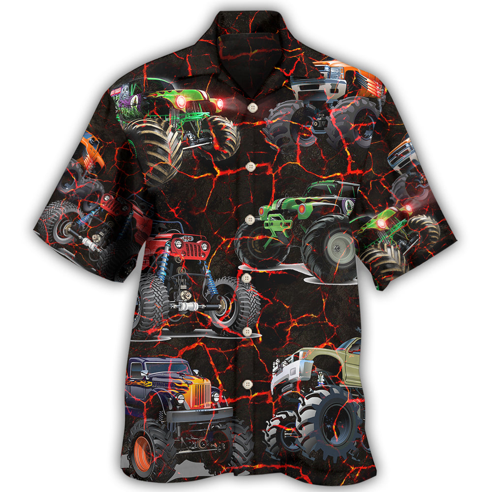 Creative Monster Truck Lava Action Hawaiian Shirt For Island Vacations, Resort Wear, And Relaxed Seasonal Style
