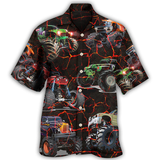 Creative Monster Truck Lava Action Hawaiian Shirt For Island Vacations, Resort Wear, And Relaxed Seasonal Style