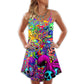 Hippie Skull Octopus Colorful Tie Dye V-Neck Sleeveless Cami Dress For Vacations And Casual Warm Weather Wear