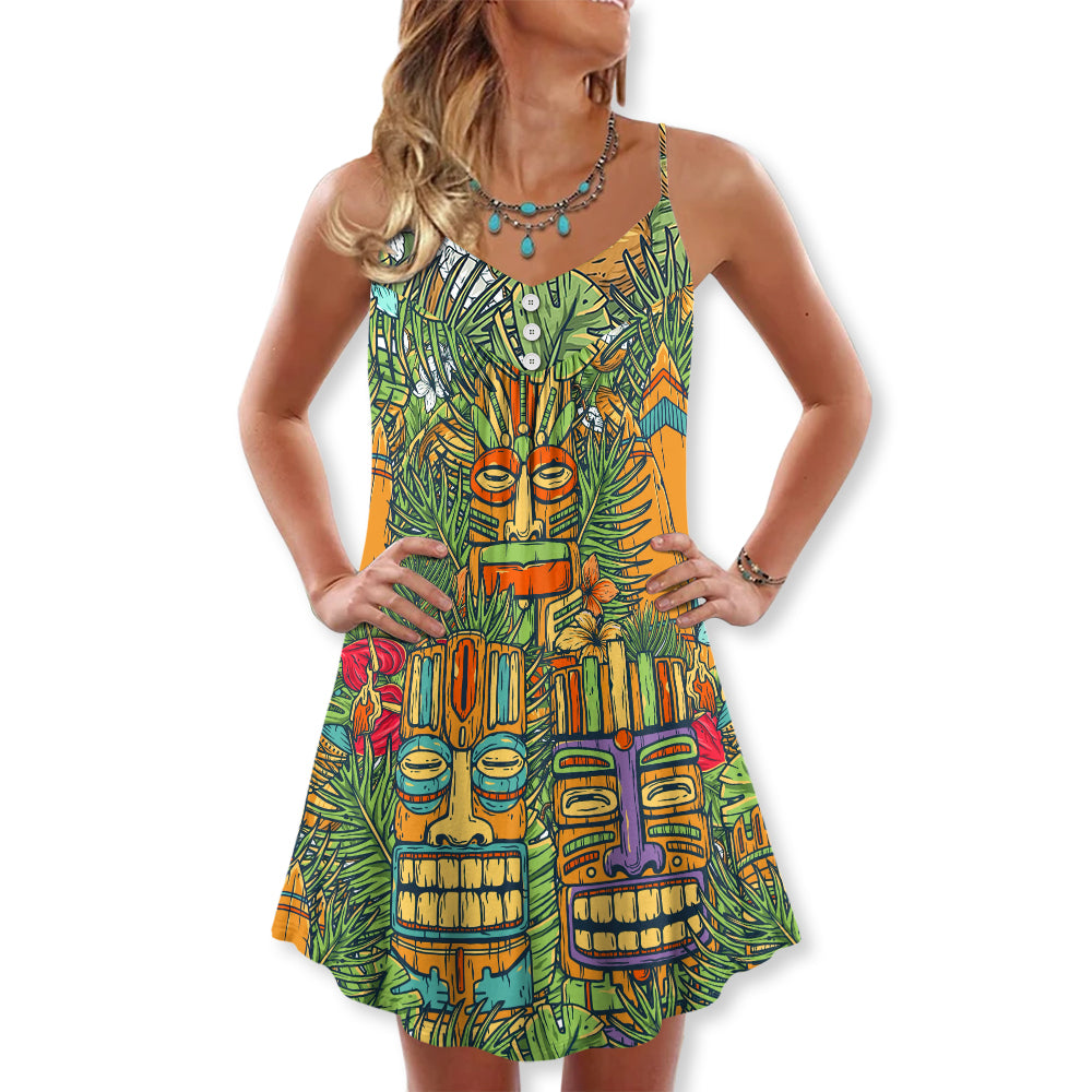 Tropical Tiki Mask Surf And Palms V-Neck Sleeveless Cami Dress For Beach Trips And Relaxed Vacation Style