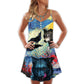 Halloween Black Wolf Starry Night Dark V-Neck Sleeveless Cami Dress For Vacations And Casual Warm Weather Wear