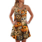 Halloween Owl Pumpkin Pattern V-Neck Sleeveless Cami Dress For Spooky Season Events And Relaxed Casual Styling