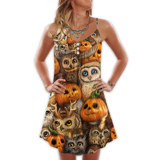 Halloween Owl Pumpkin Pattern – Women's Summer Sleeveless V-Neck Camisole Dress