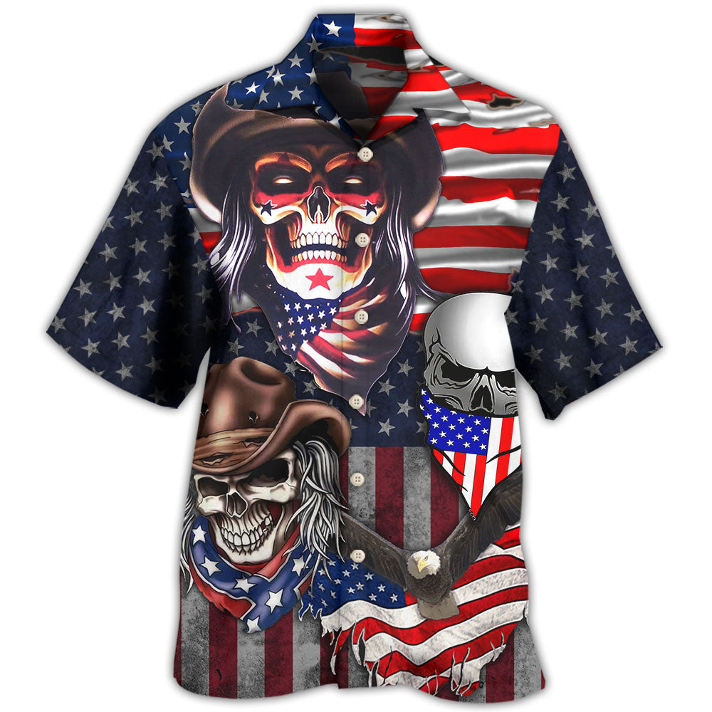 Patriotic Cowboy Skull Independence Hawaiian Shirt Detailed Pattern View For Resort Wear