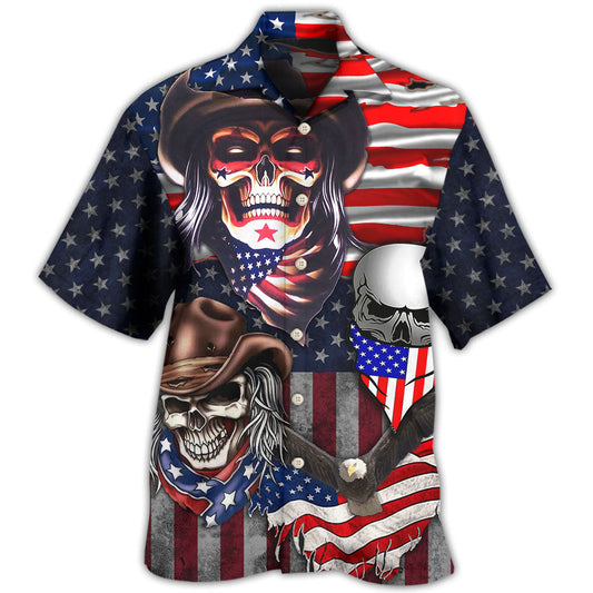 Patriotic Cowboy Skull Independence Hawaiian Shirt Detailed Pattern View For Resort Wear