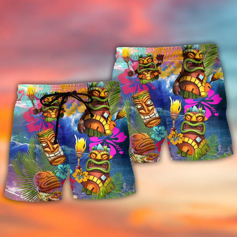 Tiki Aloha Happy Tropical Flower Beach Shorts Pattern Detail For Sunny Outdoor Activities