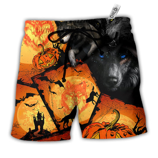 Halloween Wolf Pumpkin Scary Hawaiian Print Beach Shorts For Coastal Trips And Outdoor Wear