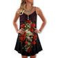 Skull And Roses Art V-Neck Sleeveless Cami Dress For Creative Festivals And Dramatic Warm Weather Fashion