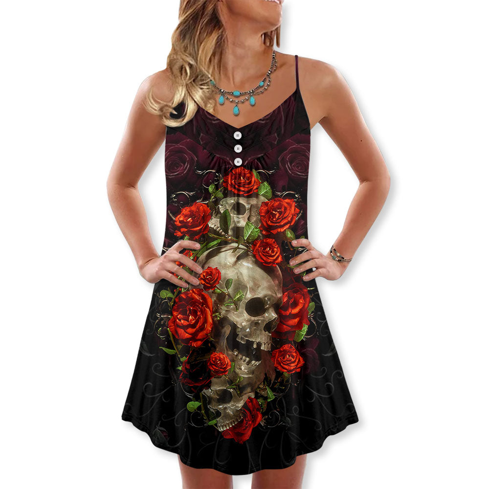 Skull And Roses Art V-Neck Sleeveless Cami Dress For Creative Festivals And Dramatic Warm Weather Fashion