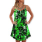 Green Flame Skull Burn V-Neck Sleeveless Cami Dress For Festivals Travel And Relaxed Casual Summer Wear