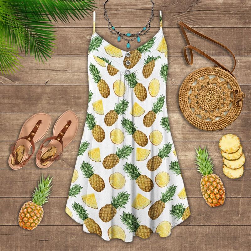 Fruit Pineapple Tropical Love V-Neck Sleeveless Cami Dress For Tropical Parties And Casual Everyday Style