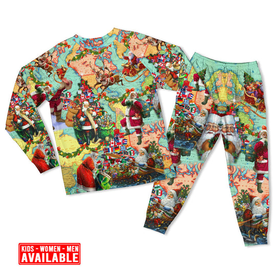 Santa World Map Christmas Love Long Sleeve Pajamas Set For Holiday Bedtime And Cozy Home Wear