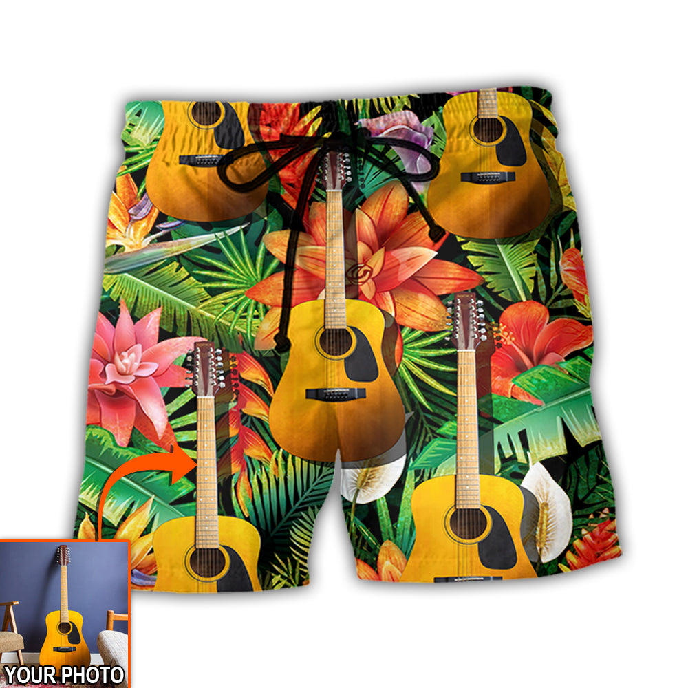 Guitar Various Style Tropical Floral Personalized Photo Beach Shorts Pattern View For Coastal Holidays And Casual Activities